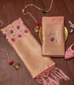 Peach soft banarasi silk zari woven design dress material