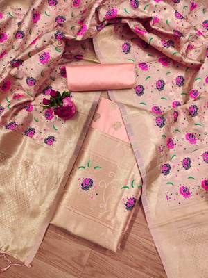 Peach soft banarasi silk zari woven design dress material 2