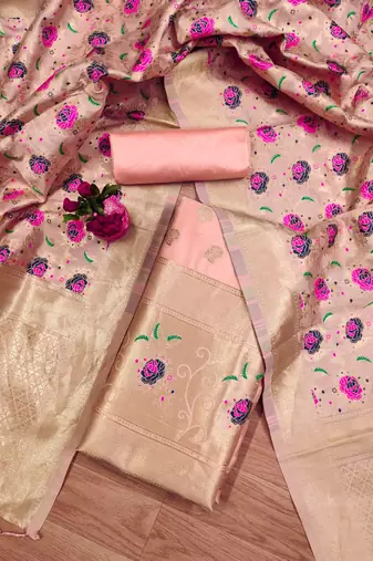 Peach soft banarasi silk zari woven design dress material