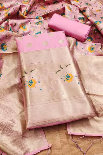 Pink soft banarasi silk zari woven design dress material