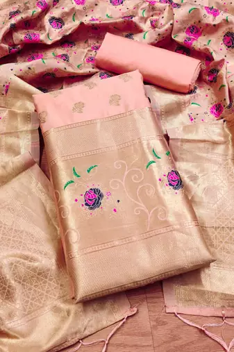 Peach soft banarasi silk zari woven design dress material