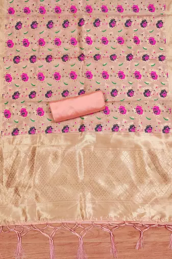 Peach soft banarasi silk zari woven design dress material