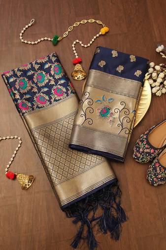 Navyblue soft banarasi silk zari woven design dress material