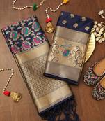Navyblue soft banarasi silk zari woven design dress material