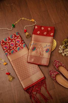 Maroon soft banarasi silk zari woven design dress material 1