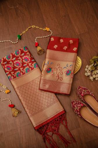 Maroon soft banarasi silk zari woven design dress material