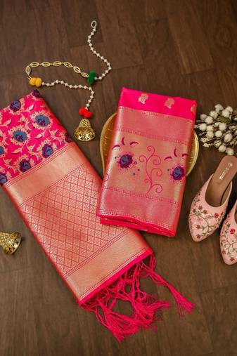 Magenta soft banarasi silk zari woven design dress material