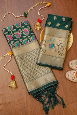 Green soft banarasi silk zari woven design dress material 1