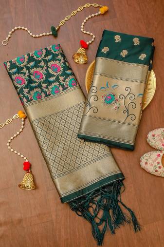 Green soft banarasi silk zari woven design dress material