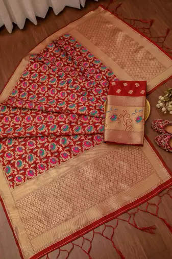 Maroon soft banarasi silk zari woven design dress material