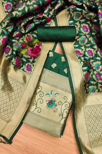 Green soft banarasi silk zari woven design dress material