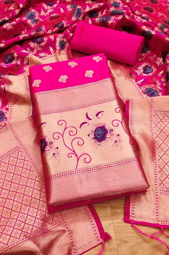 Magenta soft banarasi silk zari woven design dress material
