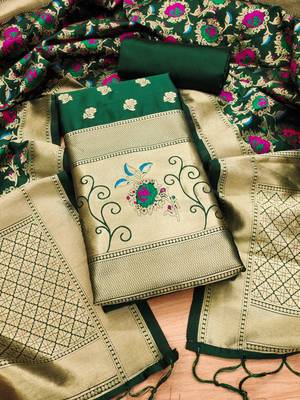 Green soft banarasi silk zari woven design dress material 3