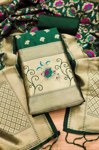 Green soft banarasi silk zari woven design dress material