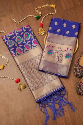 Blue soft banarasi silk zari woven design dress material 1