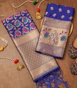 Blue soft banarasi silk zari woven design dress material