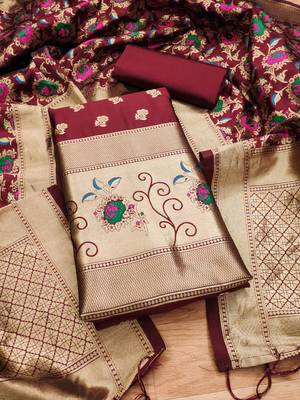 Maroon soft banarasi silk zari woven design dress material 4