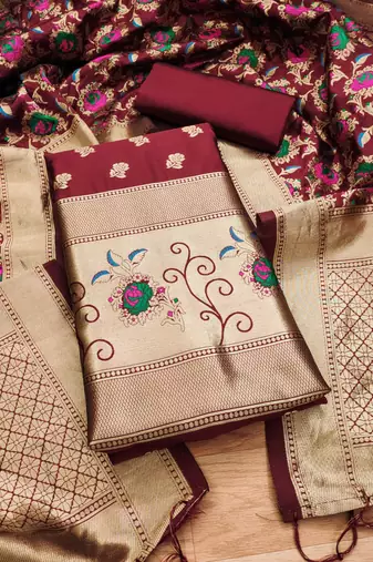 Maroon soft banarasi silk zari woven design dress material