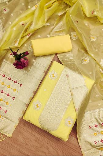Women yellow organza woven design unstitched dress material