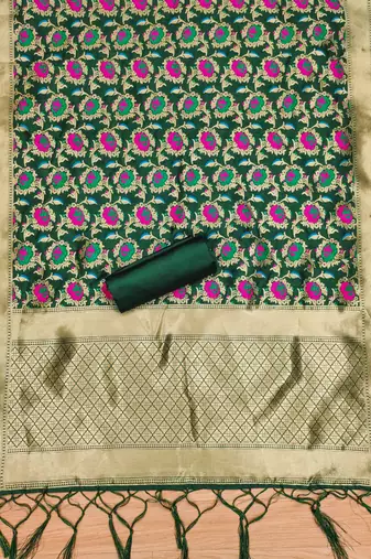 Green soft banarasi silk zari woven design dress material