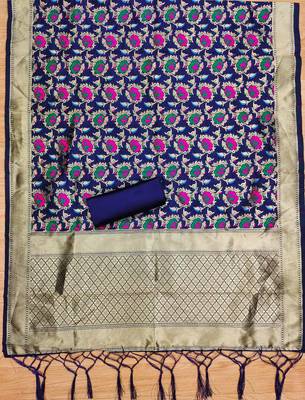 Navyblue soft banarasi silk zari woven design dress material 4