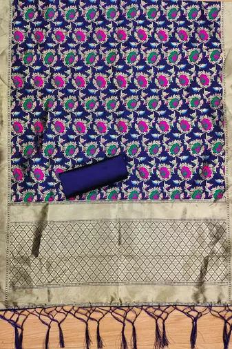 Navyblue soft banarasi silk zari woven design dress material