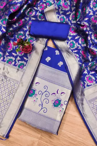 Blue soft banarasi silk zari woven design dress material