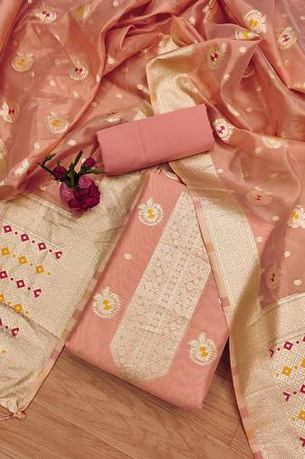 Women peach organza woven design unstitched dress material