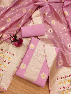  pink organza woven design dress material 1