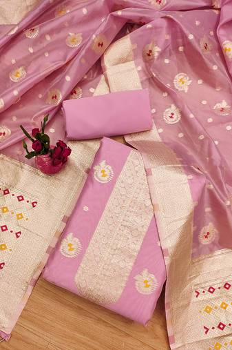 Women pink organza woven design unstitched dress material