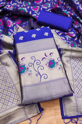 Blue soft banarasi silk zari woven design dress material