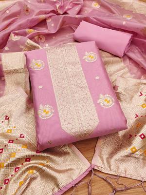  pink organza woven design dress material 2