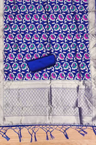 Blue soft banarasi silk zari woven design dress material