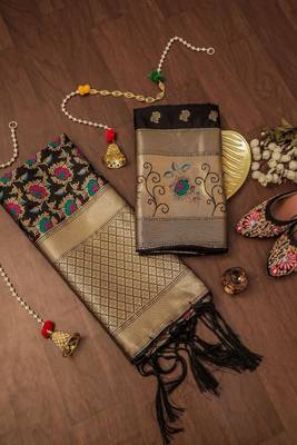 Black soft banarasi silk zari woven design dress material 1