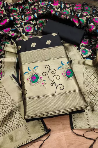 Black soft banarasi silk zari woven design dress material