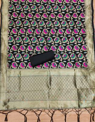 Black soft banarasi silk zari woven design dress material 4