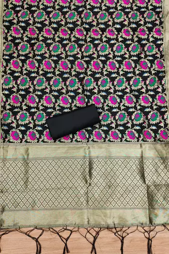 Black soft banarasi silk zari woven design dress material