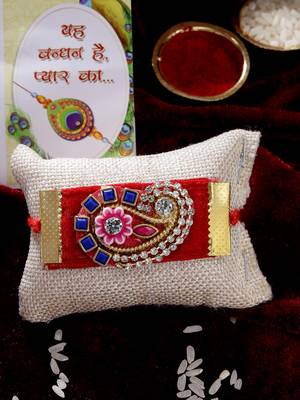  men red stone-studded rakhi with roli chawal & chocolate 1