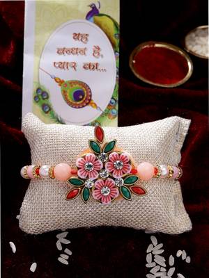  men pink floral shape stone-studdded & beaded rakhi with roli chawal & chocolate 1