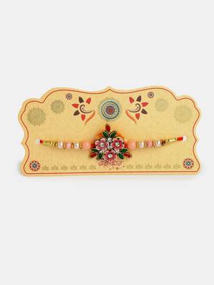  men pink floral shape stone-studdded & beaded rakhi with roli chawal & chocolate 2