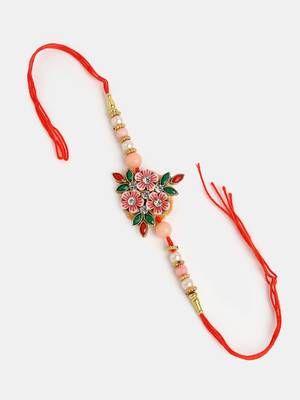  men pink floral shape stone-studdded & beaded rakhi with roli chawal & chocolate 3