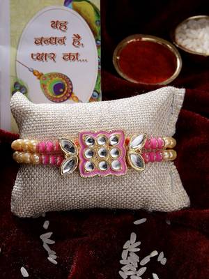  men pink & gold-toned kundan-studded rakhi with roli chawal & chocolate 1
