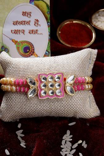  men pink & gold-toned kundan-studded rakhi with roli chawal & chocolate