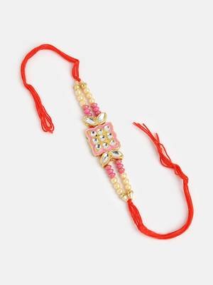 men pink & gold-toned kundan-studded rakhi with roli chawal & chocolate 3