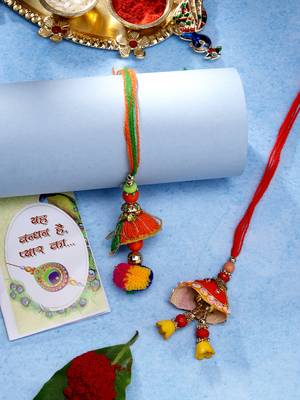  women set of 2 red beaded lumba rakhi with roli chawal & chocolate 1