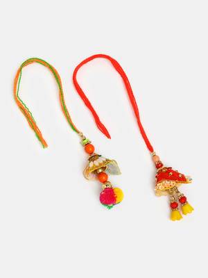  women set of 2 red beaded lumba rakhi with roli chawal & chocolate 3
