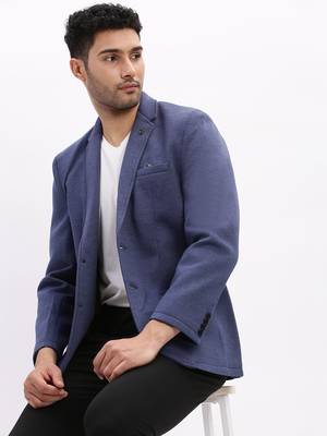 Men's Solid Notched Lapel Blue Single Breasted Blazer 1