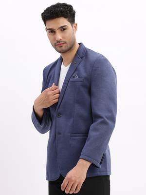 Men's Solid Notched Lapel Blue Single Breasted Blazer 3