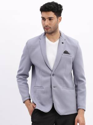 Men's Solid Notched Lapel Blue Single Breasted Blazer 2