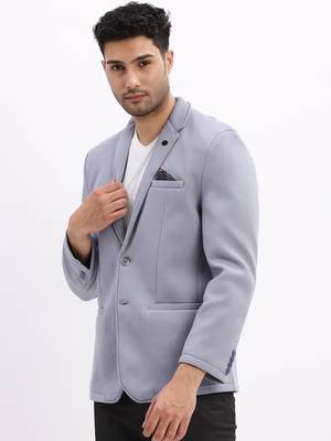 Men's Solid Notched Lapel Blue Single Breasted Blazer 3